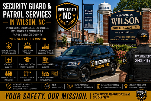 Security officer and marked patrol SUV with white warning lights near downtown Wilson, promoting security guard services.