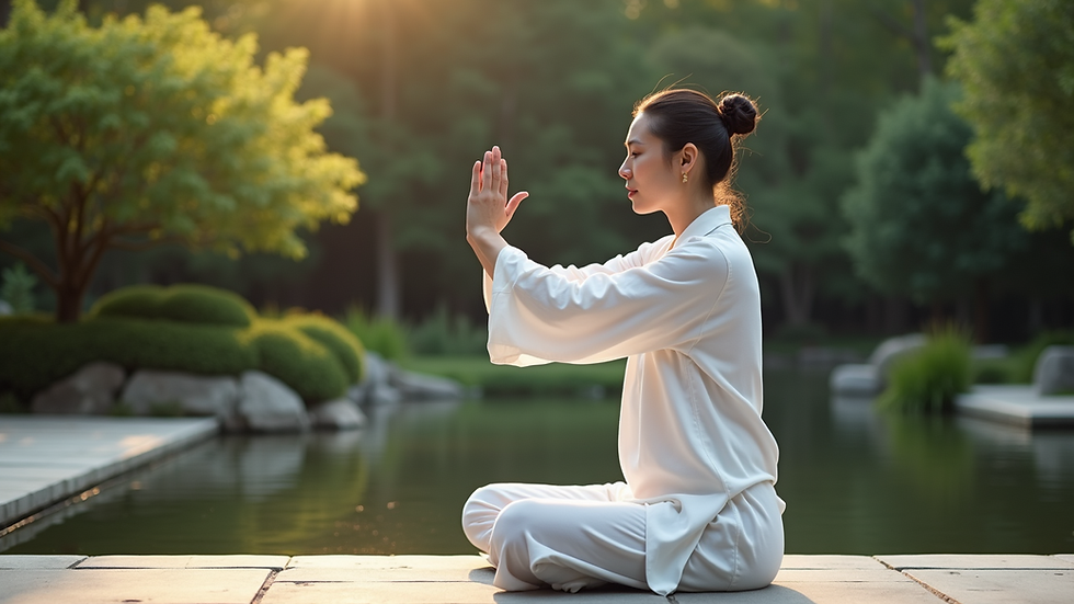 Vue de profil d’une personne effectuant un mouvement de Qi Gong dans un jardin zen