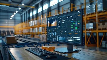 A sleek e-commerce dashboard interface on a computer screen, automated order fulfillment notifications popping up in real-time. Background shows a busy warehouse, with packages on conveyor belts. Bright, clean digital aesthetic, modern tech visuals, hd quality, vivid color
