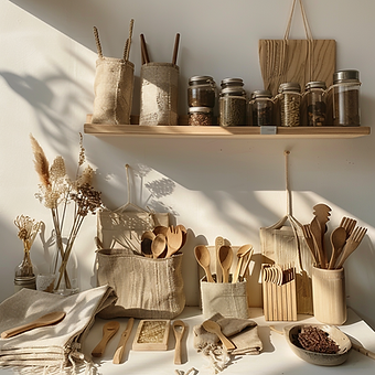 An Etsy shop display featuring eco-friendly, customizable products, like handcrafted wooden utensils and reusable fabric bags, all made from sustainable materials. Natural textures and earthy tones dominate the scene, with soft natural light illuminating the items. Created Using: photorealism, organic materials, earthy color palette, soft sunlight, natural shadows, eco-friendly textures, hd quality