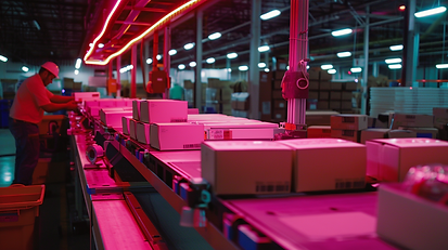 A visual representation of product quality control, showing a line of products being inspected by agents, with defective items being separated, and high-quality items being packed for shipping. Bright warehouse lighting, dynamic action in the sorting process. Created Using: assembly line photography, hd quality, warehouse setting, vibrant lighting, focus on action