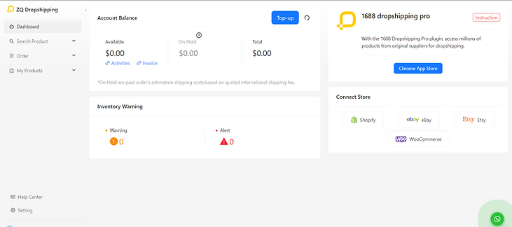 ZQ dropshipping dashboard to integrate zq dropshipping wiht shopify woocomemrce etsy bigcommmerce