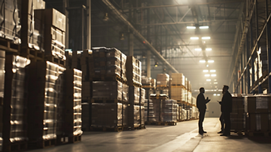 A visual representation of bulk purchasing negotiation, stacks of inventory in a warehouse background, agents in deep discussion with suppliers. Moody lighting with shadows creating a serious tone, reflecting the intensity of price negotiations. Photorealistic, vivid color grading, commercial photography, hd quality, natural look