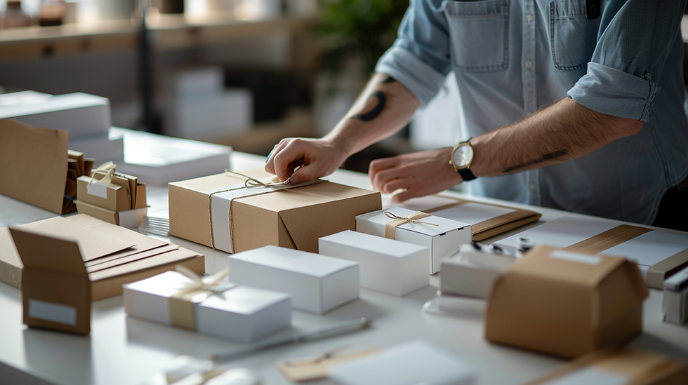 A dropshipping agent working with custom packaging designs, reviewing premium packaging materials with a brand’s logo, sleek modern workspace, packaging supplies spread out. Soft ambient lighting, minimalist design, focus on brand identity. Created Using: product packaging photography, hd quality, soft lighting, clean workspace, branding focus