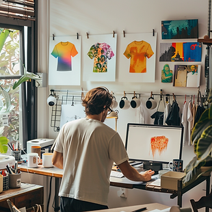 A designer working in a bright studio creating custom t-shirt designs for Print-on-Demand dropshipping. The scene shows various products like mugs and wall art, all showcasing personalized designs. Soft natural lighting adds warmth to the workspace. Created Using: photorealistic style, vibrant colors, natural lighting, clean workspace, artistic tools, modern studio setup