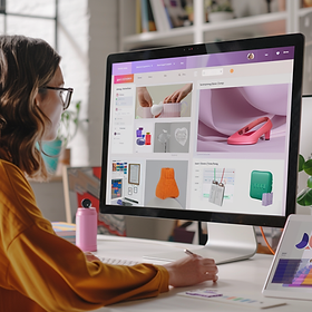 A digital marketer researching Etsy dropshipping niches, analyzing customizable products like personalized gifts and engraved items. The scene shows multiple open tabs with product ideas, graphs, and trending keywords. Bright and dynamic environment. Created Using: photorealistic style, vibrant lighting, modern workspace, clear interface elements, high contrast, hd quality