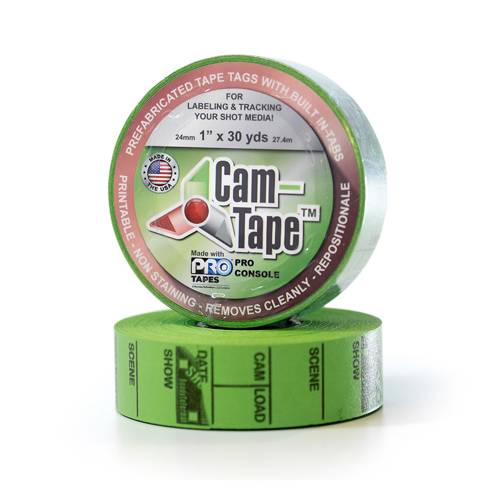 A roll of green Cam-Tape with the product details on the front