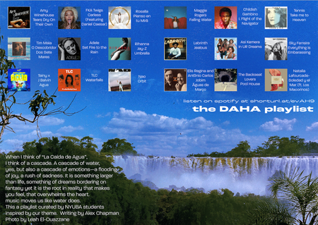 a photo of Iguazú Falls: the sky is a vibrant blue and the enormous falls crash behind lush trees. Edited onto the image is a collection of small album covers. Text below them reads The DAHA playlist