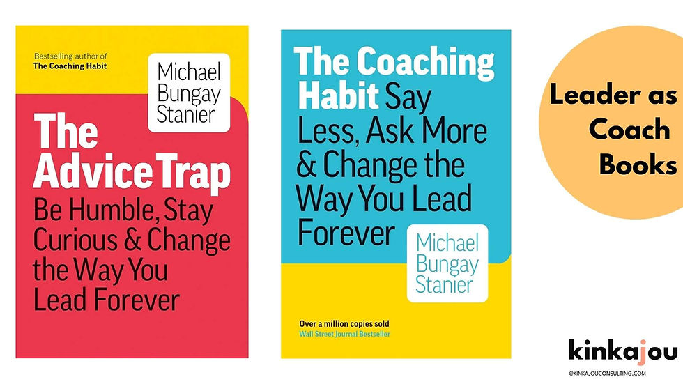 Two book covers by Michael Bungay Stanier. "The Advice Trap" in red/yellow and "The Coaching Habit" in blue/yellow. Text: Leader as Coach Books.