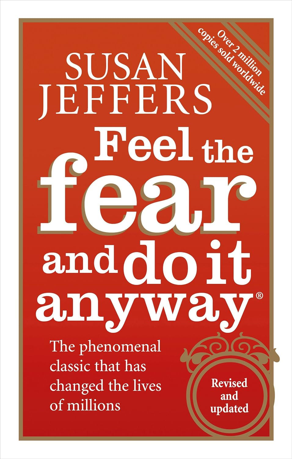 Red book cover titled "Feel the Fear and Do It Anyway" by Susan Jeffers. Text highlights its impactful, classic status.