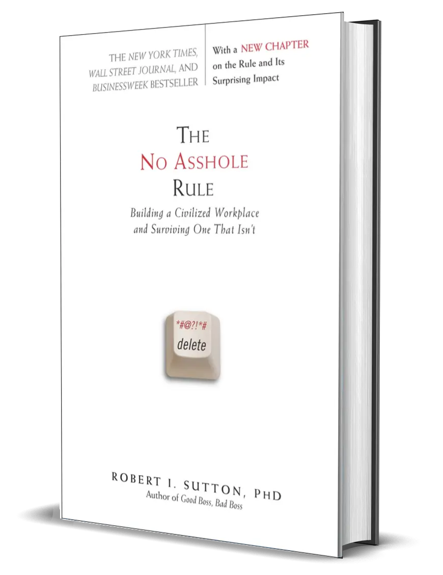 White book cover titled "The No Asshole Rule" by Robert I. Sutton, PhD. Features a keyboard key with "delete" and symbols. Bestseller notes.