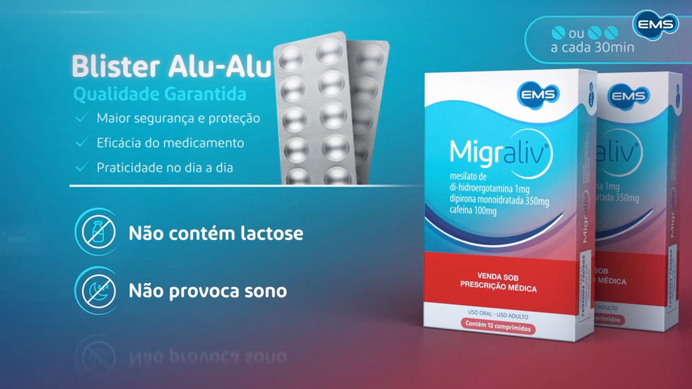 Caixa do produto Migraliv em 3D com itens ao lado.