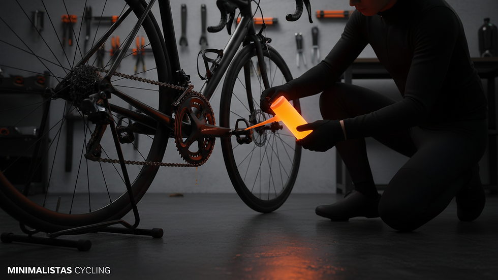 Eye-level view of a cyclist applying lubricant to a bike chain