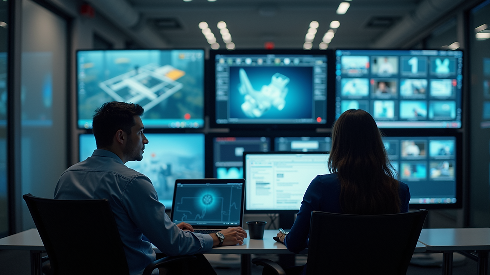 High angle view of security control room with multiple surveillance monitors