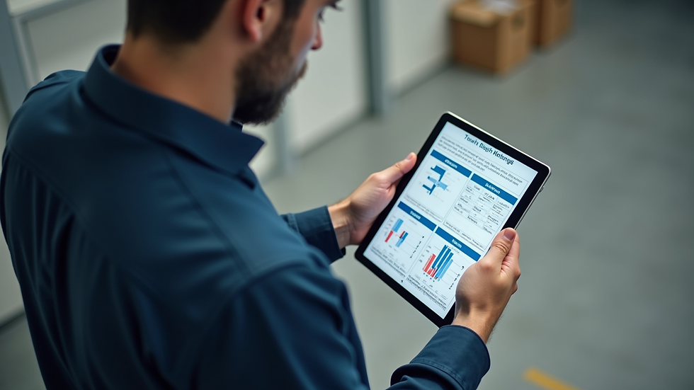 High angle view of a facility manager reviewing service reports on a tablet