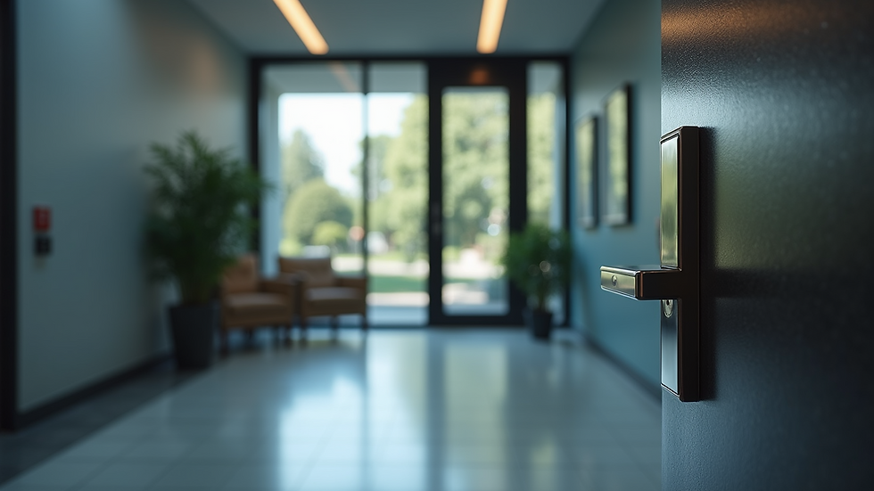 Eye-level view of a commercial building entrance with electronic access control