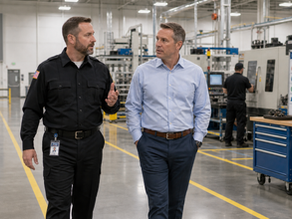 A PSI security manager discusses facility security improvements with a business operations manager on the manufacturing floor, focusing on recent audit findings and goal achievement strategies.