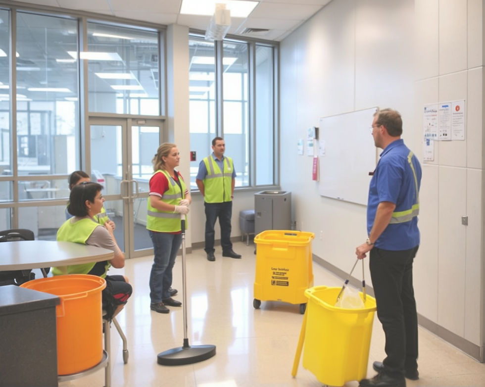 Supervisor conducts training session with janitorial staff on updated cleaning protocols in a well-lit, modern facility.