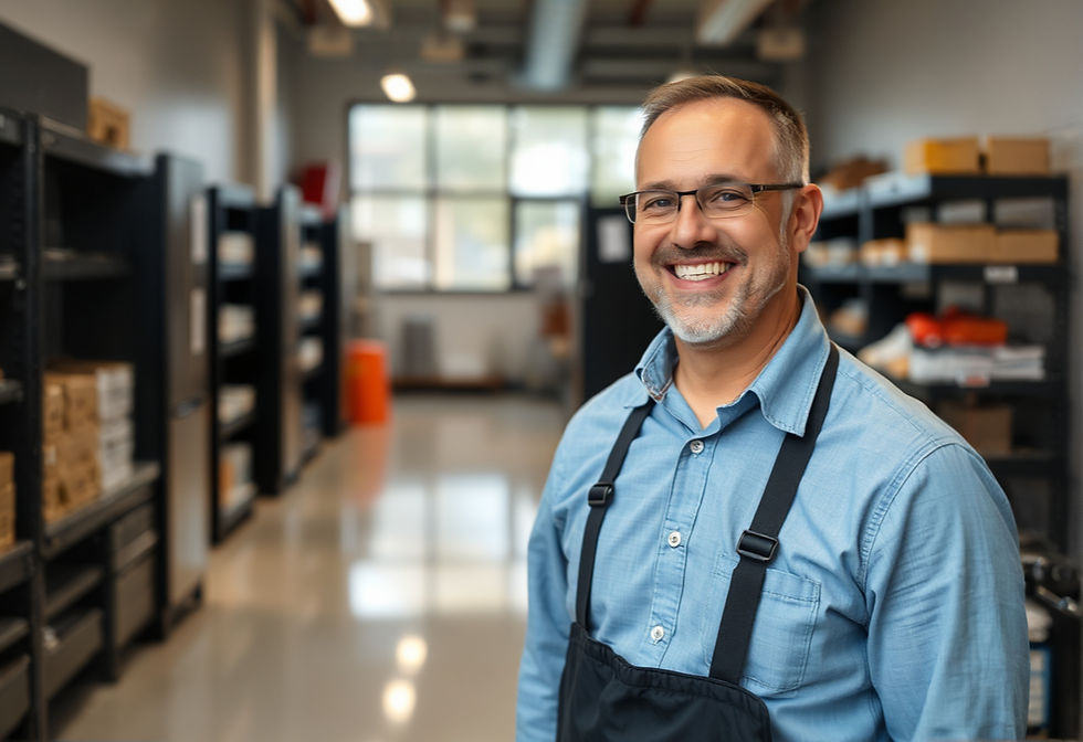 A delighted business owner stands proudly in his spotless and organized facility, beaming with satisfaction.