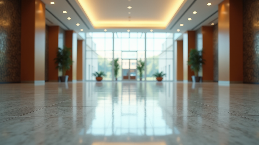 Eye-level view of a commercial building lobby with polished floors