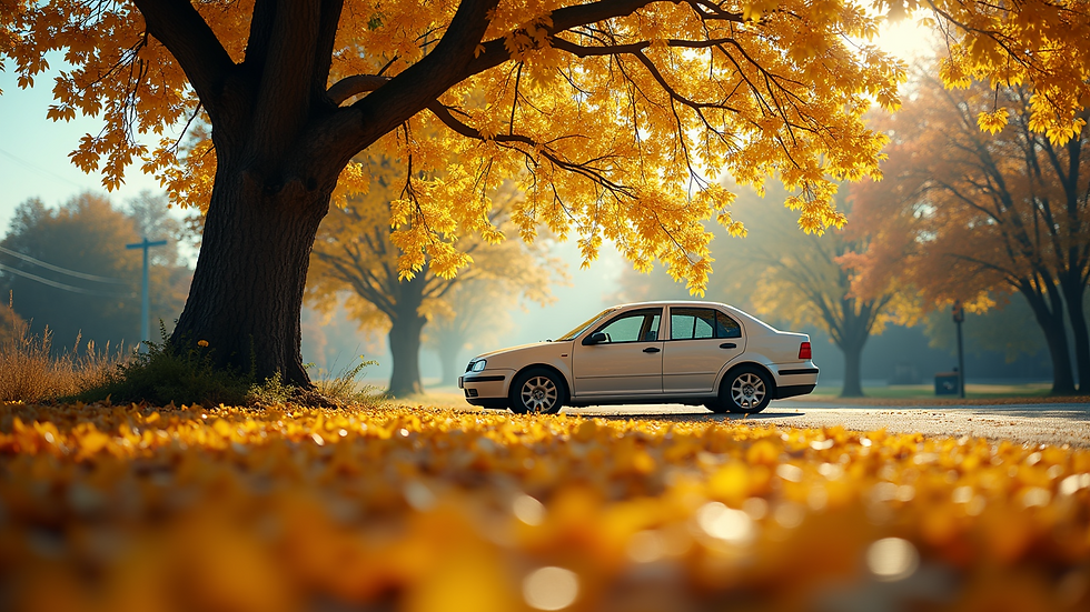 Eye-level view of a car parked under a tree during pollen season