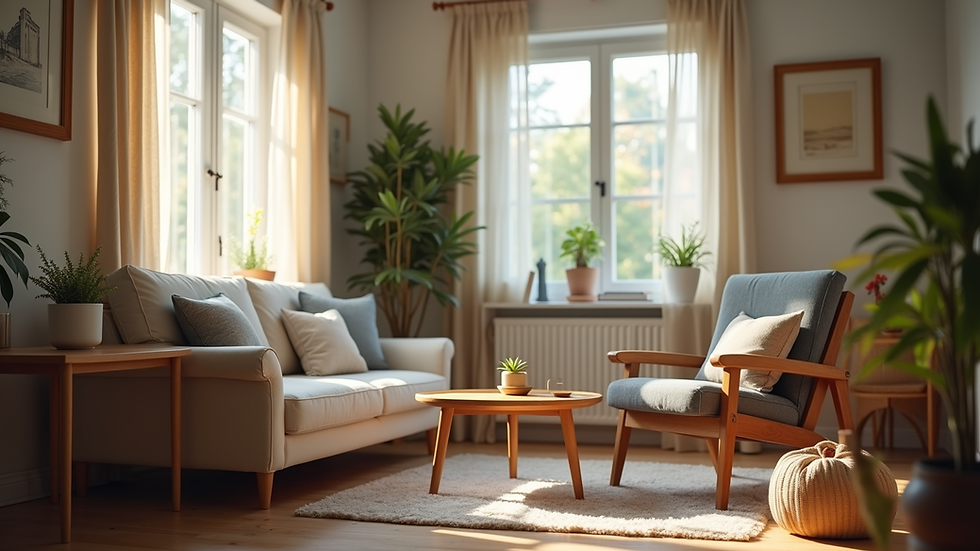 Eye-level view of a cozy living room with a caregiver’s chair and a small table