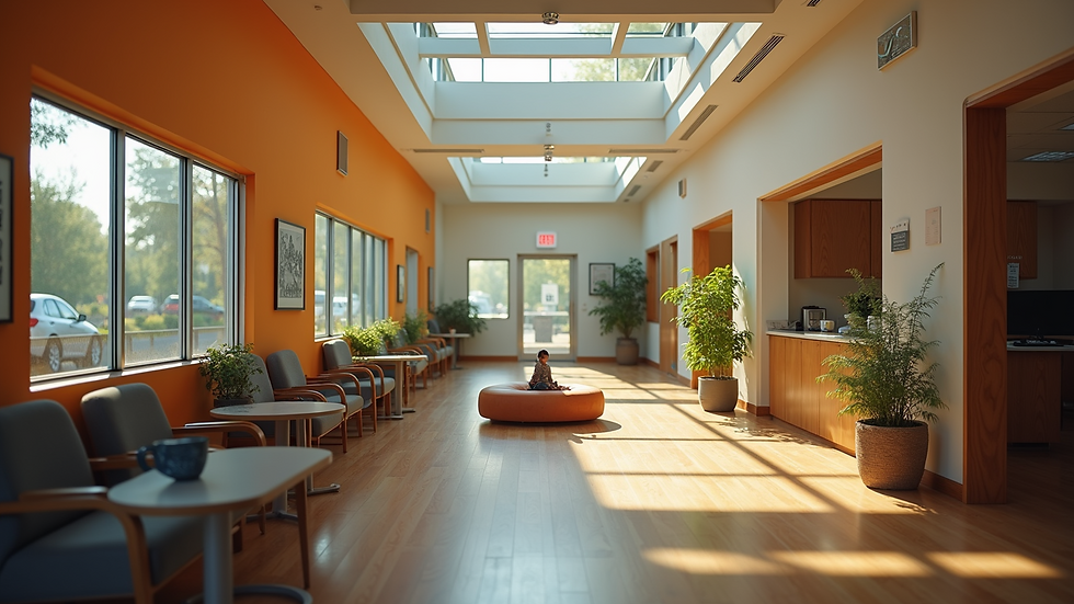 Wide angle view of a community center focused on inclusion and support for marginalized groups