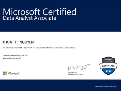 Chứng chỉ Microsoft Certified Data Analyst Associate của Thoa Thị Nguyễn