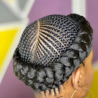 Top view of a Halo Braid with intricate cornrows.