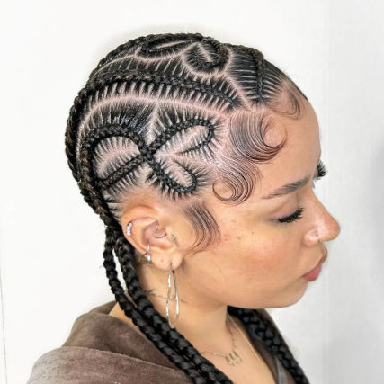 Intricate stitch braids with heart-shaped patterns and laid edges.