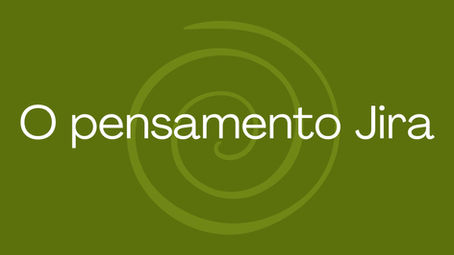 Frase "O pensamento Jira" em branco sobre um fundo verde e uma espiral verde mais clara