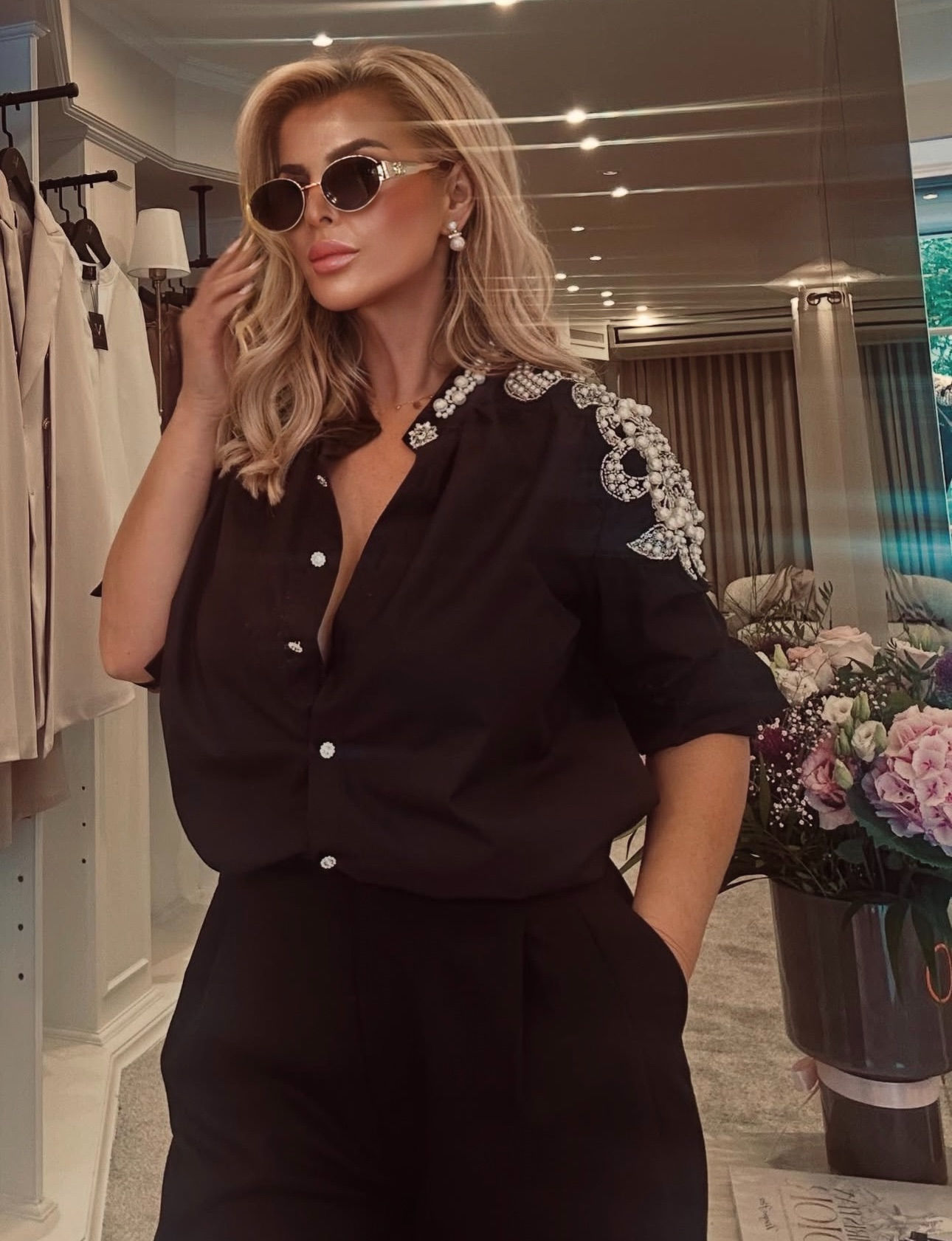 Black handmade shirt with pearls