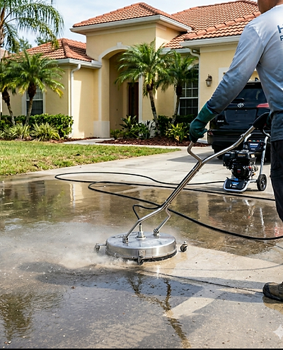 HighLux Property Care team performing pressure washing driveway service in Kissimmee Florida