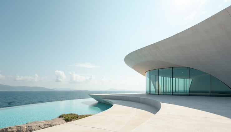 Vista lateral do Museu de Arte Contemporânea de Niterói com a Baía de Guanabara ao fundo