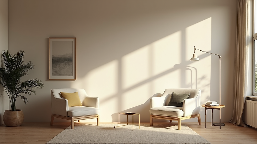 Vista interna de sala de estar com design aconchegante e personalizado