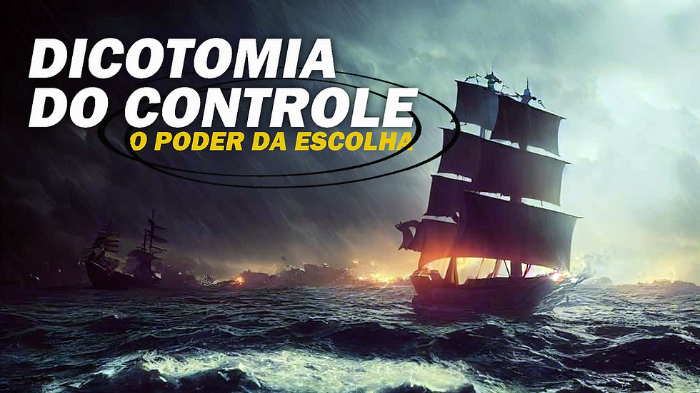 Caravela em alto mar enfrentando uma tempestade com guerra em terra firme