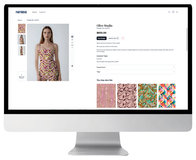 Surface pattern artwork displayed on fashion garment mockups