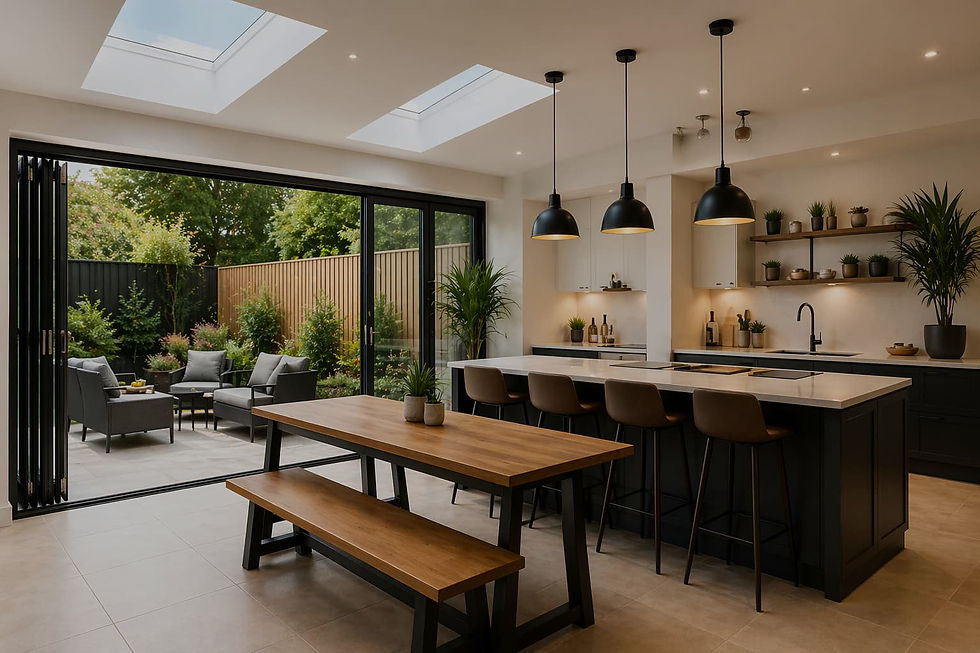 Open plan kitchen extension in Barnet with open bi-fold doors, skylights, large kitchen is