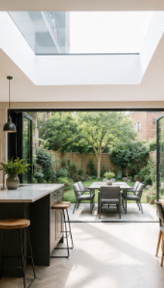 Contemporary house extension in Barnet with open-plan kitchen, skylight and garden-facing