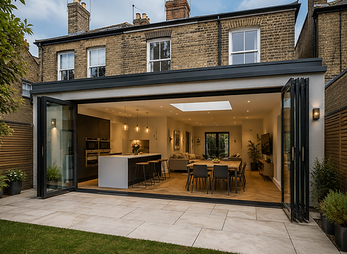 Modern rear house extension in Barnet featuring large aluminium sliding doors and open-plan kitchen living space by The Construction Collective Ltd