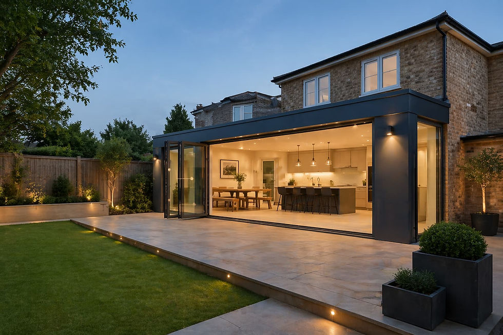 Luxury rear house extension featuring floor-to-ceiling glazing, open-plan kitchen diner, m