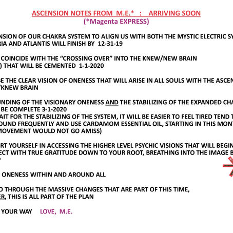 ASCENSION NOTES FROM M.E.*  :   ARRIVING SOON