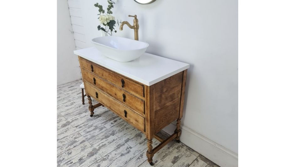 Vintage bathroom oak vanity chest of drawer unit with barley twist legs - side view