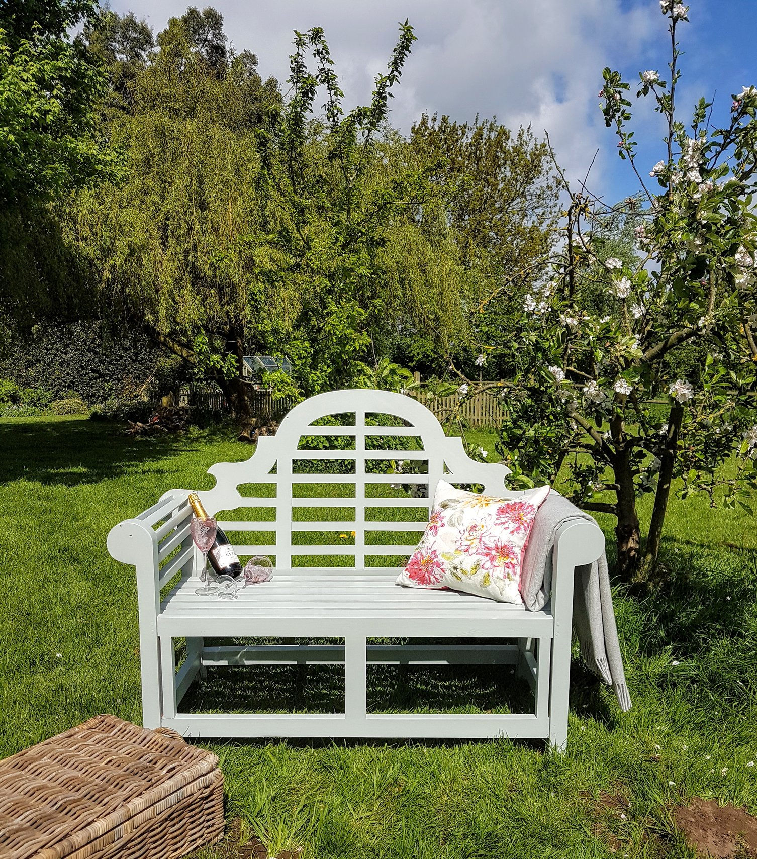 Pale Blue Painted Lutyen Bench In Garden