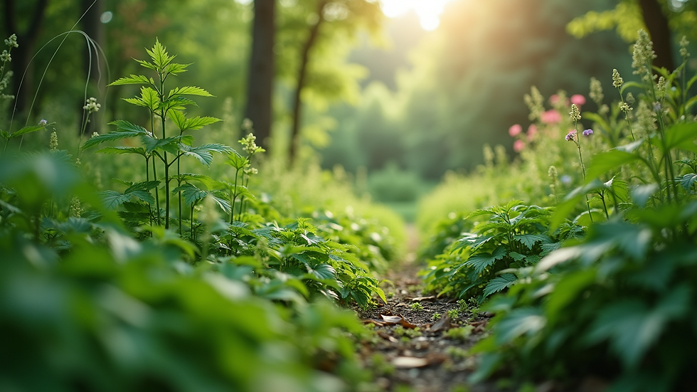 Eye-level view of a lush green garden with diverse plants