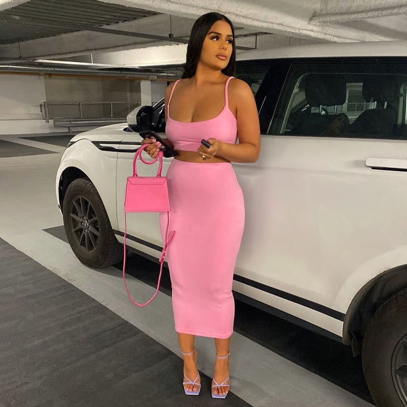 Solid Color Sling Wrapped Chest Midi Skirt Set