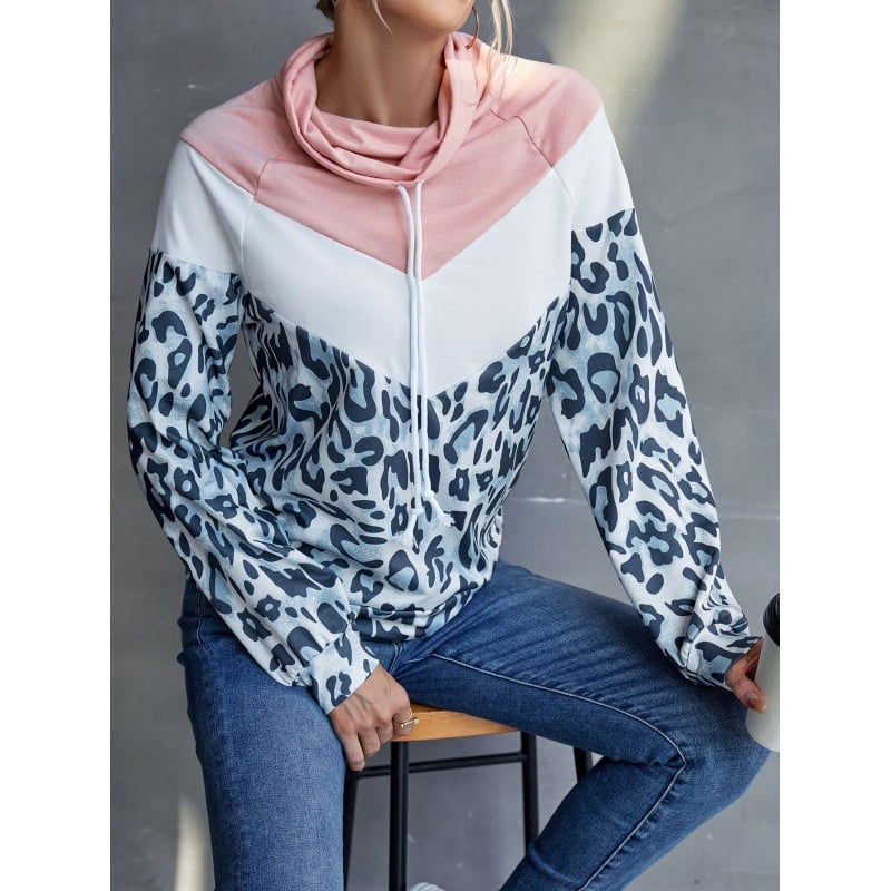 Leopard Print Color Block Hooded Pullover Sweater