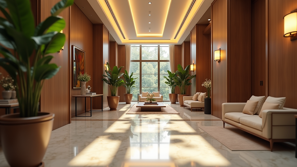 Eye-level view of a serene hotel lobby with modern decor