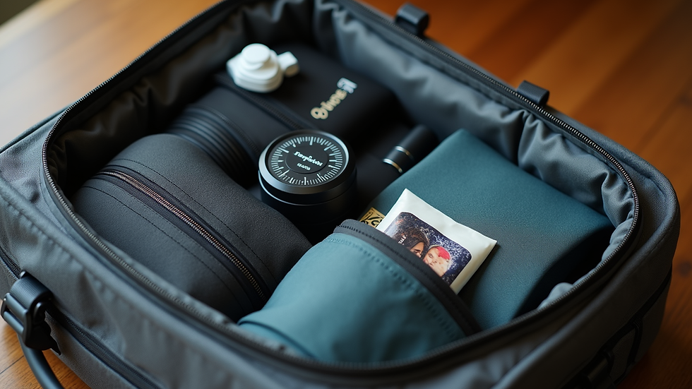 High angle view of a secure travel bag with essential items