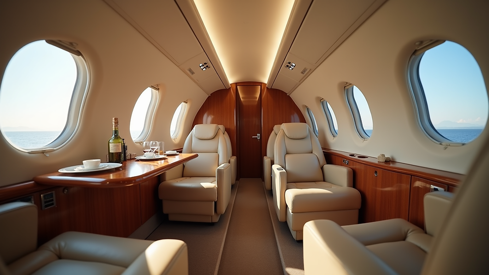 Eye-level view of a luxury private jet interior